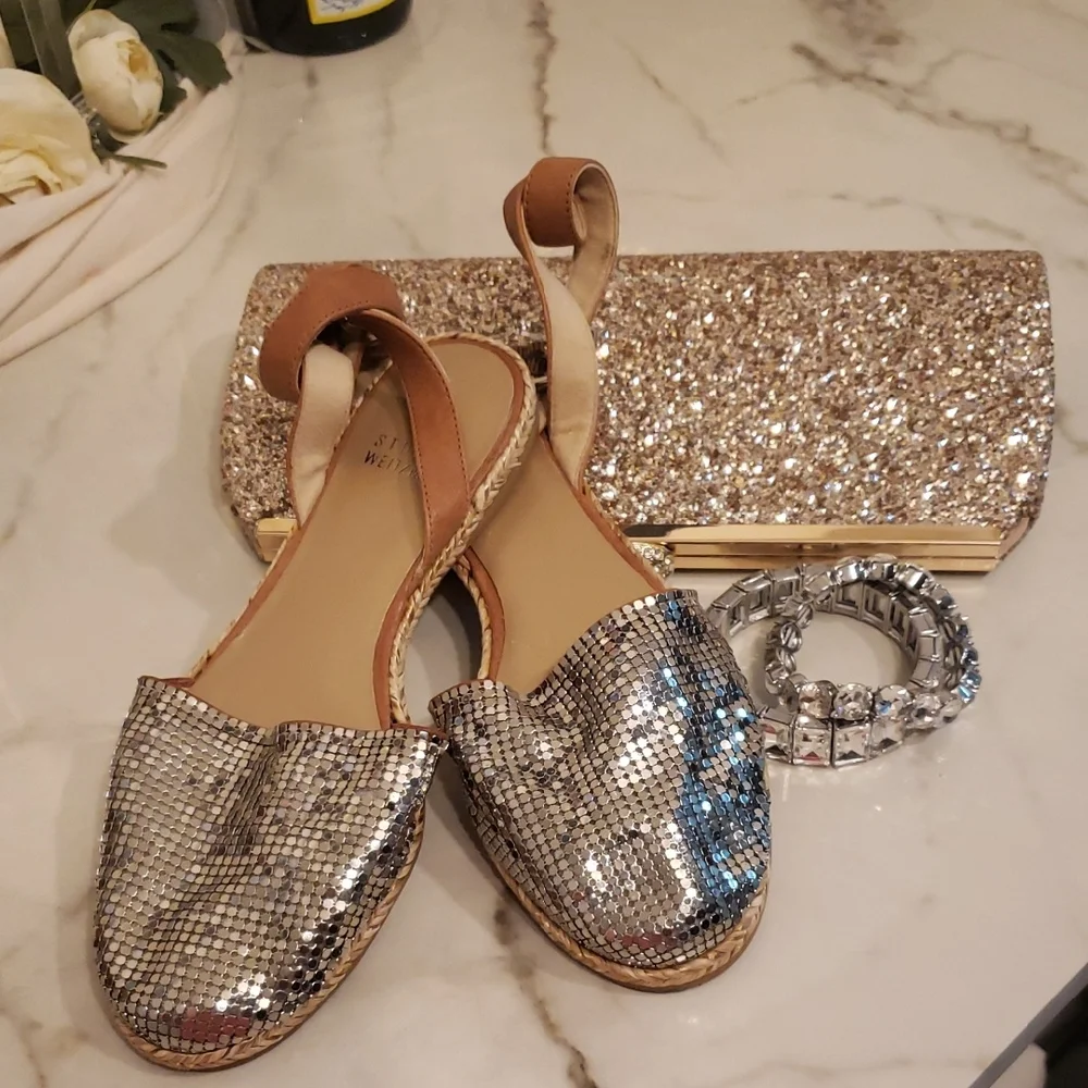 Stuart Weitzman Silver and Tan Espadrilles Size 5